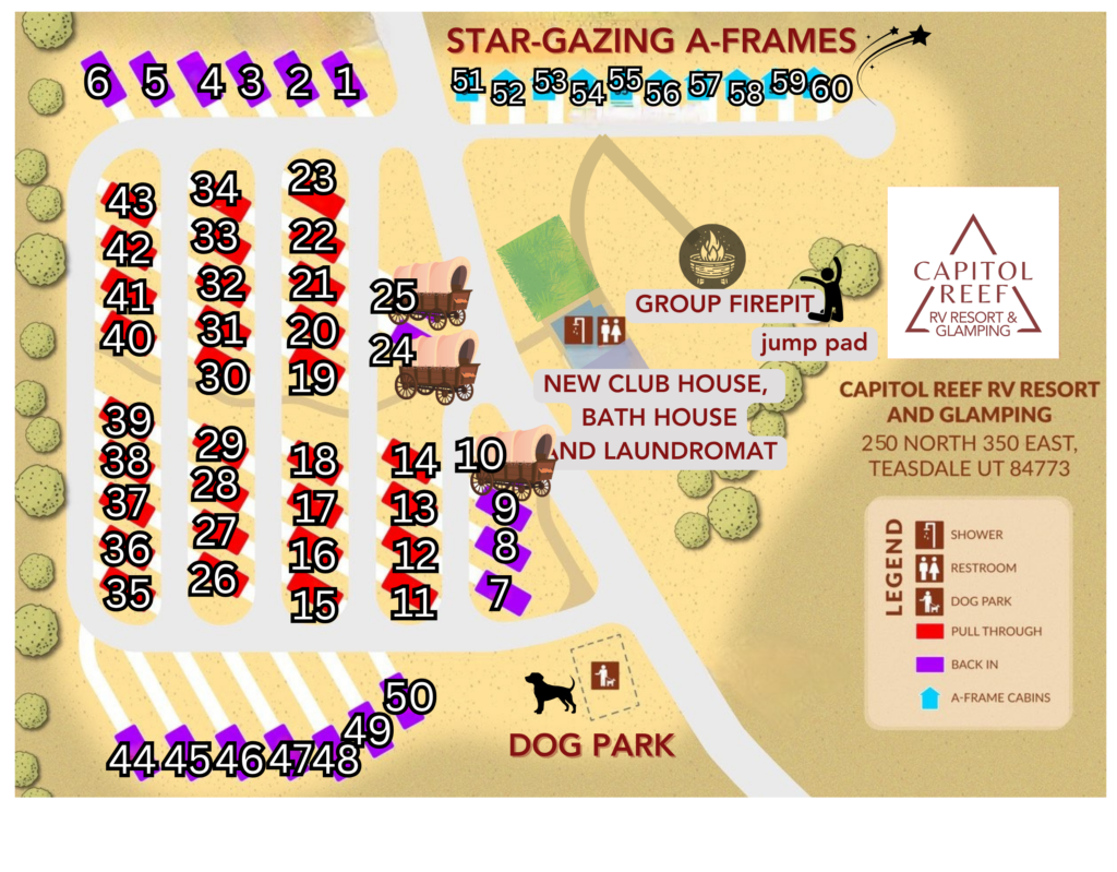 Resort map showing RV sites, A-frame cabins, glamping wagons and amenities at Capitol Reef RV Resort and Glamping, 250 North 350 East, Teasdale UT 84773