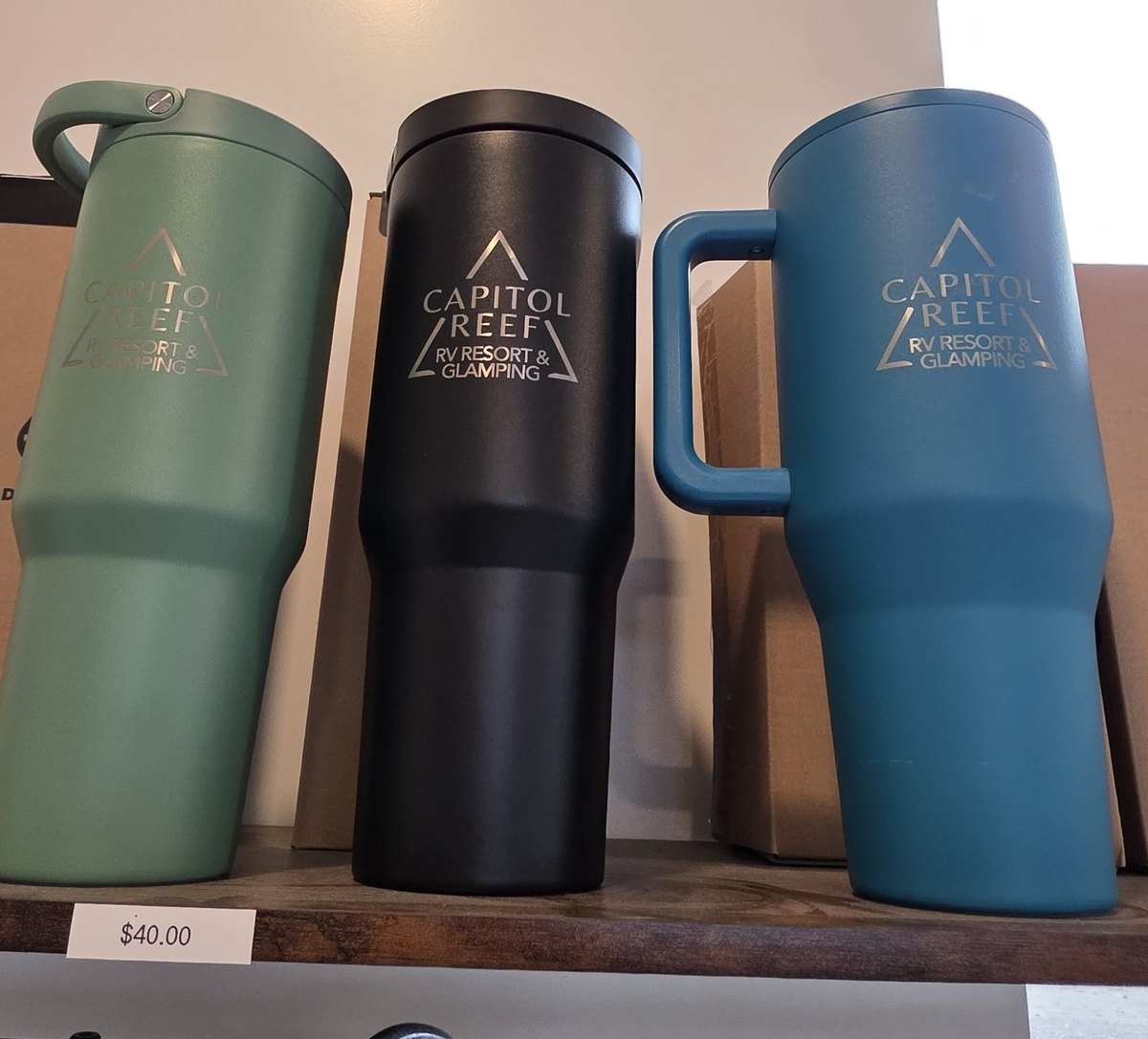 Capitol Reef RV Resort and Glamping tumblers in green, black and blue